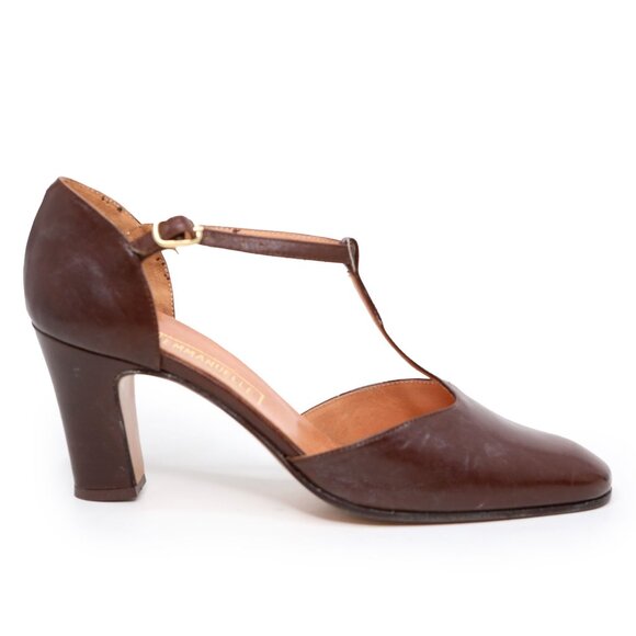 Vintage Emanuelle Brown Leather T-Strap Pumps 80s Chunky Heels Retro Granny - Picture 3 of 12